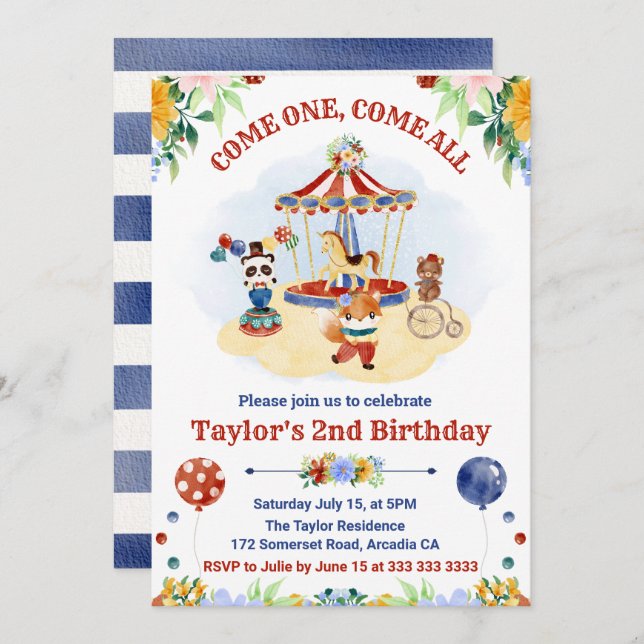 Niedliches Wasserfarben Circus Karneval Kindergebu Einladung (Vorne/Hinten)