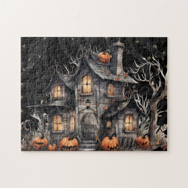 Niedliches Wasserfarben-Spuk HausHalloween Puzzle (Horizontal)