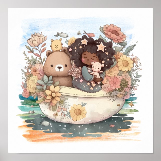 Niedliches Wasserfarbenmädchen mit Bestien Poster (Vorne)