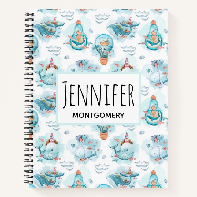 Niedliches Wasserfarbmuster für Wale Notizbuch (Vorderseite)