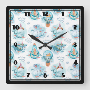 Niedliches Wasserfarbmuster für Wale Quadratische Wanduhr