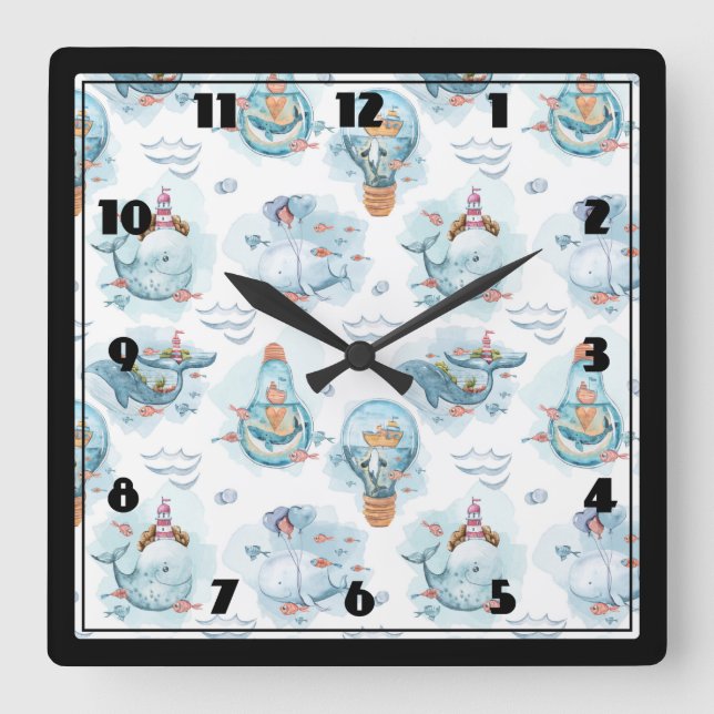 Niedliches Wasserfarbmuster für Wale Quadratische Wanduhr (Vorderseite)