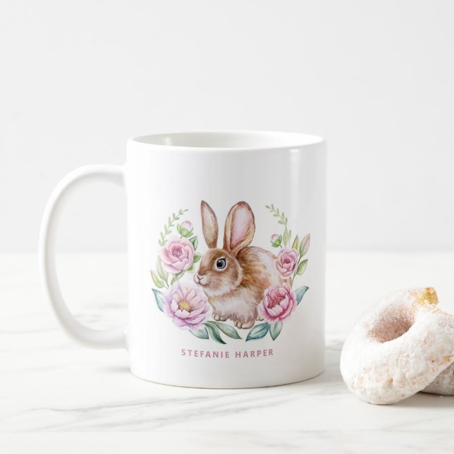 Niedliches Watecolat Kaninchen und rosa Blume Kaffeetasse (Mit Donut)