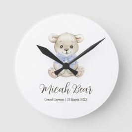 Niedliches Watercolor Baby Bear Blue Bow Runde Wanduhr