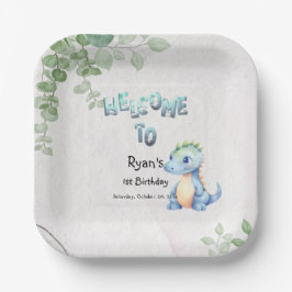Niedliches Watercolor Baby Dinosaur 1. Geburtstag Pappteller