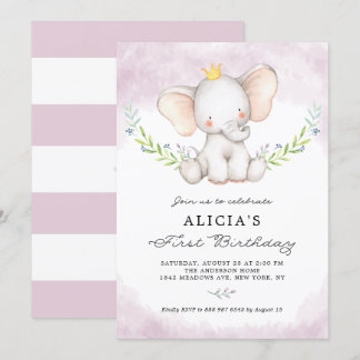 Niedliches Watercolor Baby Elephant Girl Erstgebur Einladung