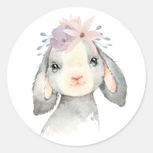 Niedliches Watercolor Baby Lamm mit Blume Runder Aufkleber