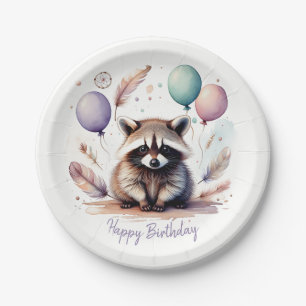 Niedliches Watercolor Baby Raccoon Balloons Geburt Pappteller