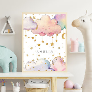 Niedliches Watercolor Cloud Star Baby Girl Kinderz Poster