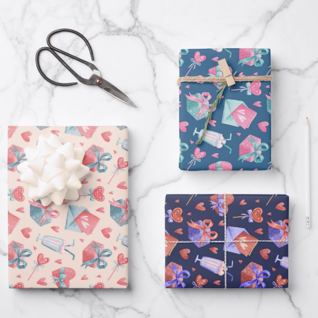 Niedliches Watercolor Herz Liebe Muster Valentinst Geschenkpapier Set (Vorderseite)