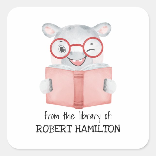 NIEDLICHES WATERCOLOR HIPPO LESENDES BUCHBUCHZEICH QUADRATISCHER AUFKLEBER (Vorderseite)