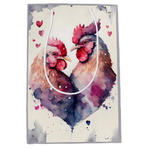Niedliches Watercolor Huhn Couple Heart Grau Weiß Mittlere Geschenktüte