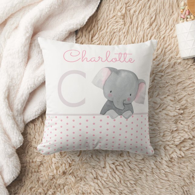 Niedliches Watercolor Monogram Elephant Baby Girl Kissen (Decke)