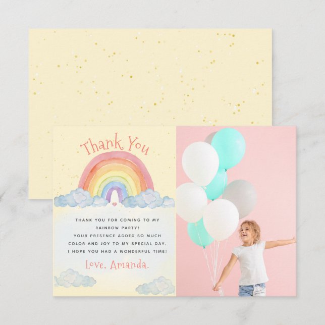 Niedliches Watercolor Rainbow Birthday Party Foto Dankeskarte (Vorne/Hinten)
