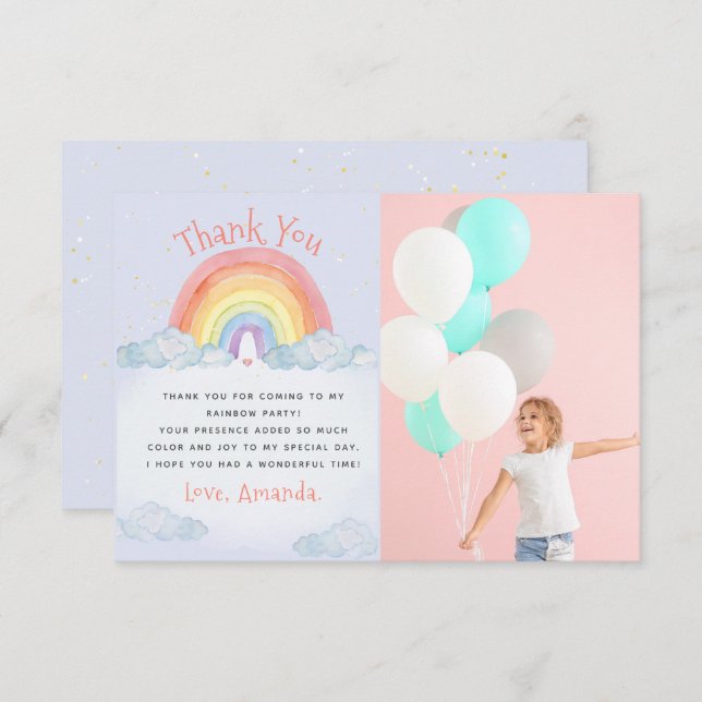 Niedliches Watercolor Rainbow Birthday Party Foto Dankeskarte (Vorne/Hinten)