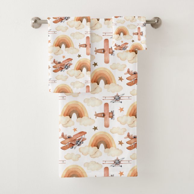 Niedliches Watercolor Rainbow-Flugzeugmuster Badhandtuch Set (Insitu)