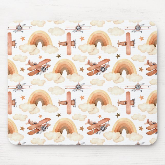 Niedliches Watercolor Rainbow-Flugzeugmuster Mousepad (Vorne)