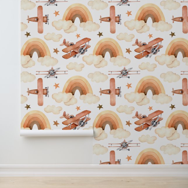 Niedliches Watercolor Rainbow-Flugzeugmuster Tapete (Anwendung)