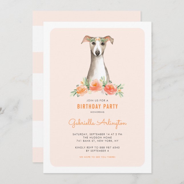 Niedliches Watercolor Whippet Peach Floral Kinderg Einladung (Vorne/Hinten)
