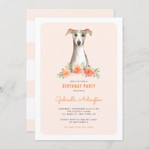 Niedliches Watercolor Whippet Peach Floral Kinderg Einladung