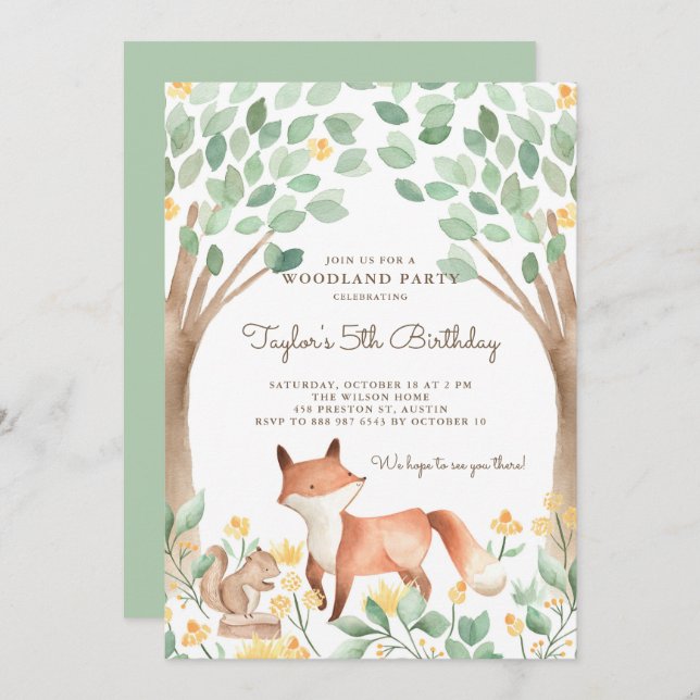Niedliches Watercolor Woodland Fox Kindergeburtsta Einladung (Vorne/Hinten)