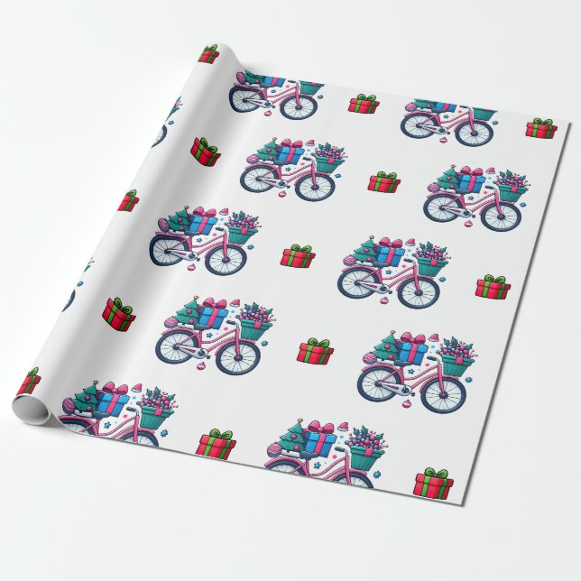 Niedliches Weihnachten Fahrrad Feiertag Rosa blaue Geschenkpapier (Ungerollt)