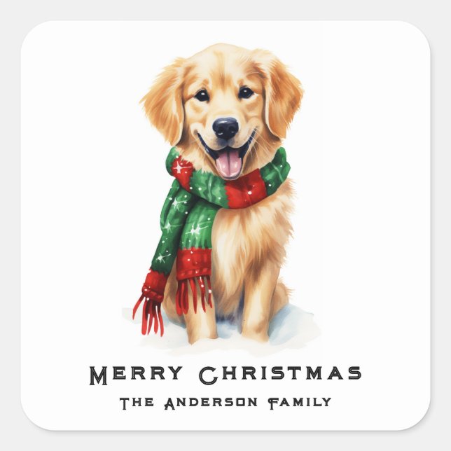 Niedliches Weihnachten Golden Retriever Wasserfarb Quadratischer Aufkleber (Vorderseite)
