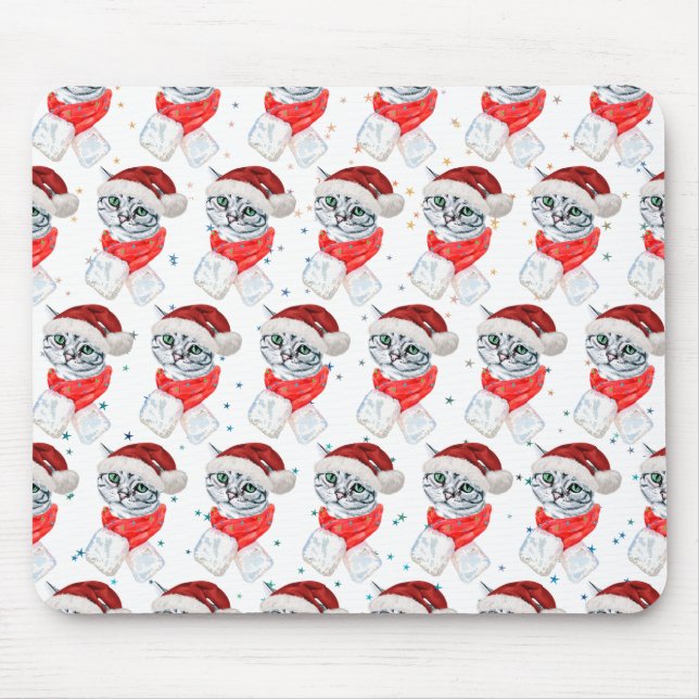 Niedliches Weihnachten Grau Tabby Cat Wasserfarbe Mousepad (Vorne)