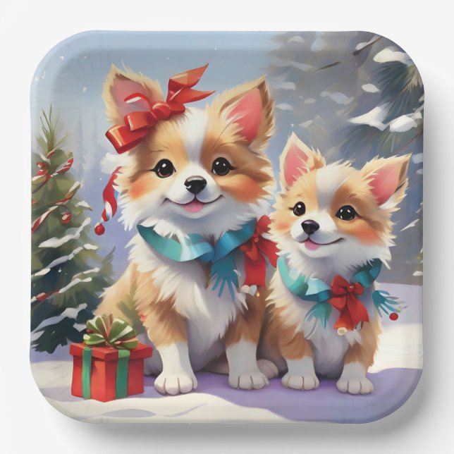 Niedliches Weihnachts-Corgis-Urlaubserlebnis Pappteller (Vorderseite)