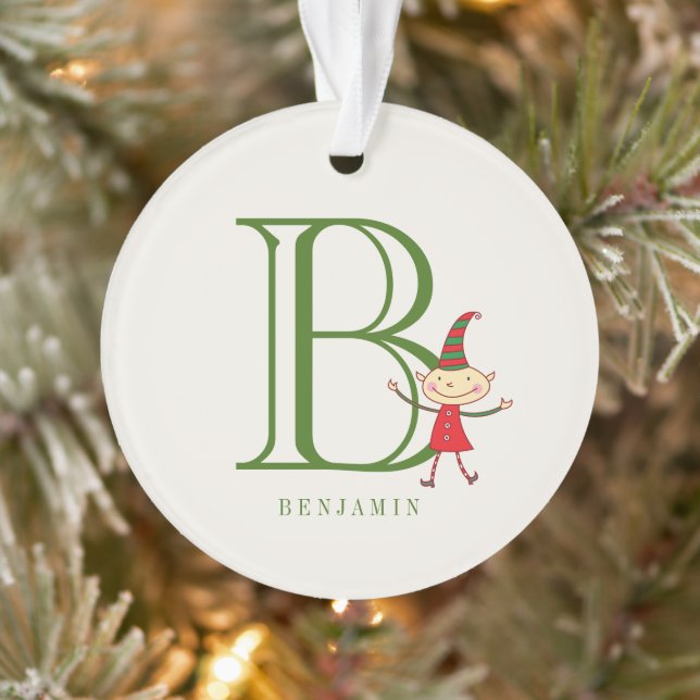 Niedliches Weihnachts-Elf-Monogram-Holiday-Kid-Fot Ornament (Baum)