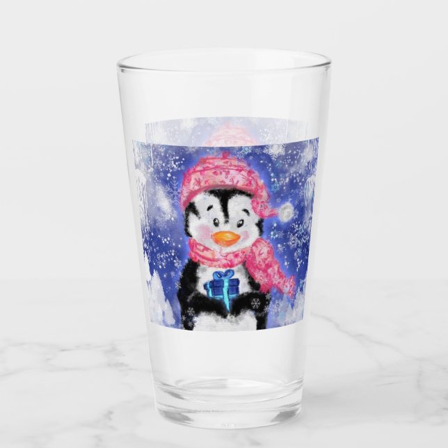 Niedliches Weihnachts-Penguin Glas (Vorderseite)