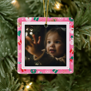 Niedliches Weihnachts-Rosa-Foto Keramikornament
