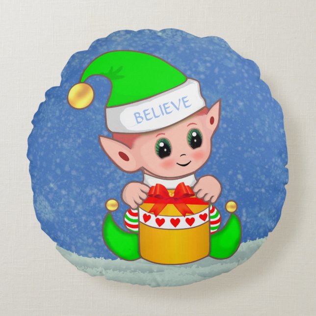 Niedliches Weihnachtsbaby Elf auf Light Blue Rundes Kissen (Vorderseite)