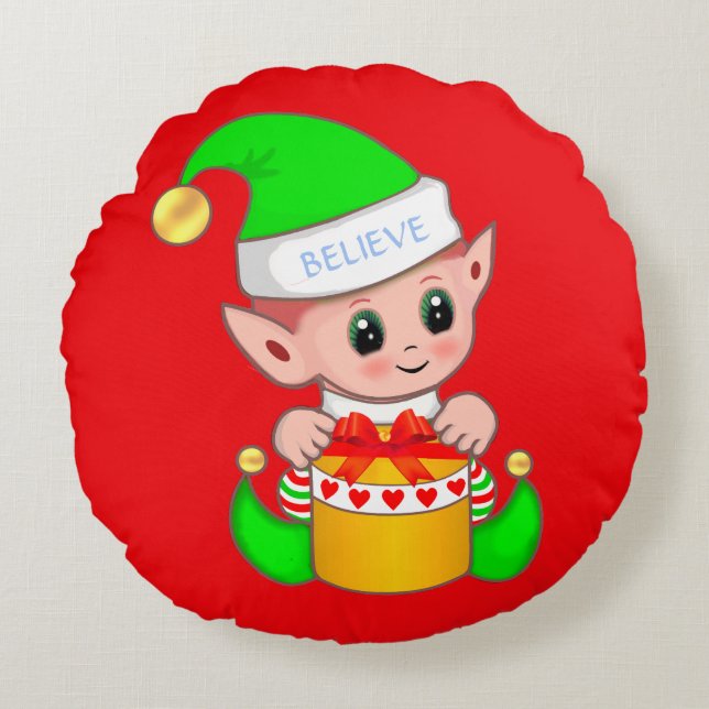 Niedliches Weihnachtsbaby Elf auf Red Rundes Kissen (Vorderseite)