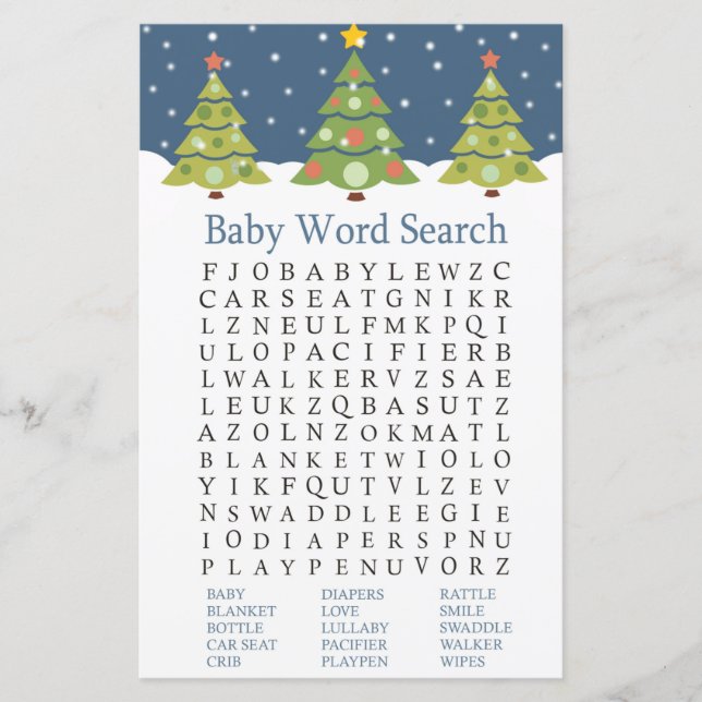 Niedliches Weihnachtsbaum Baby Shower Word Search  (Vorderseite)