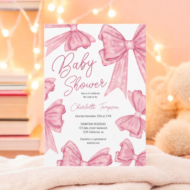 Niedliches Weihnachtscoquette Pink Bow Babydusche Einladung (Cute Christmas Coquette Pink Bow Baby Shower Invitation)