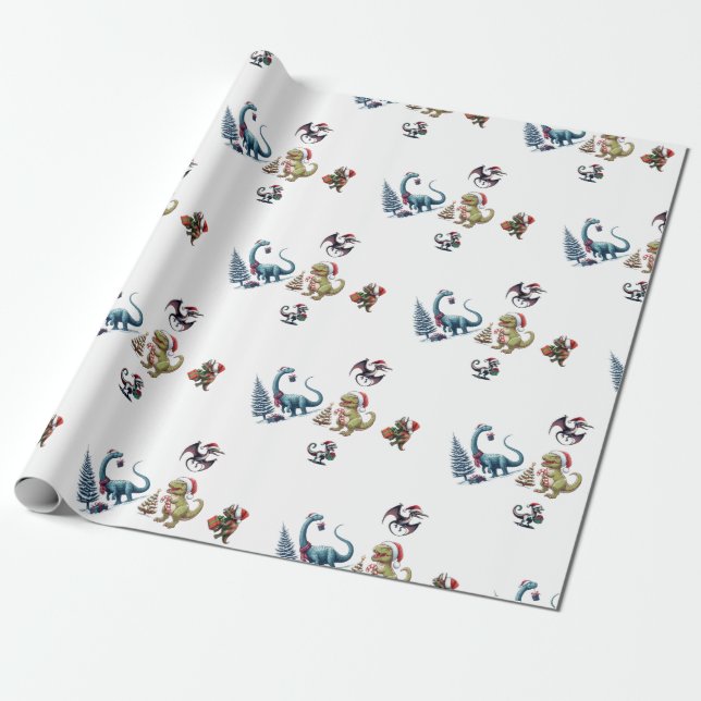 Niedliches Weihnachtsdinosaurier-Wrapping Paper Geschenkpapier (Ungerollt)