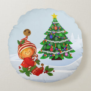 Niedliches Weihnachtself-Rundkissen Rundes Kissen