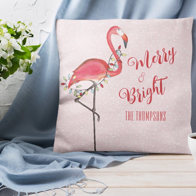 Niedliches Weihnachtsfest Rosa Flamingo Personalis Kissen (Christmas "Merry and Bright" cute whimsical pink flamingo throw pillow)