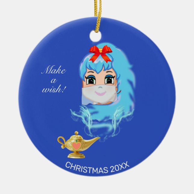 Niedliches Weihnachtsgenie & Magie-Lampe auf blau Keramik Ornament (Vorne)