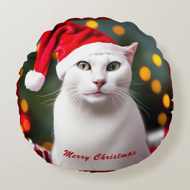 Niedliches Weihnachtsgeschenk Weiße Katze mit Weih Rundes Kissen (Vorderseite)