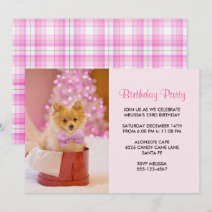 Niedliches Weihnachtshundin-Foto mit Rosa Bow Gebu Einladung