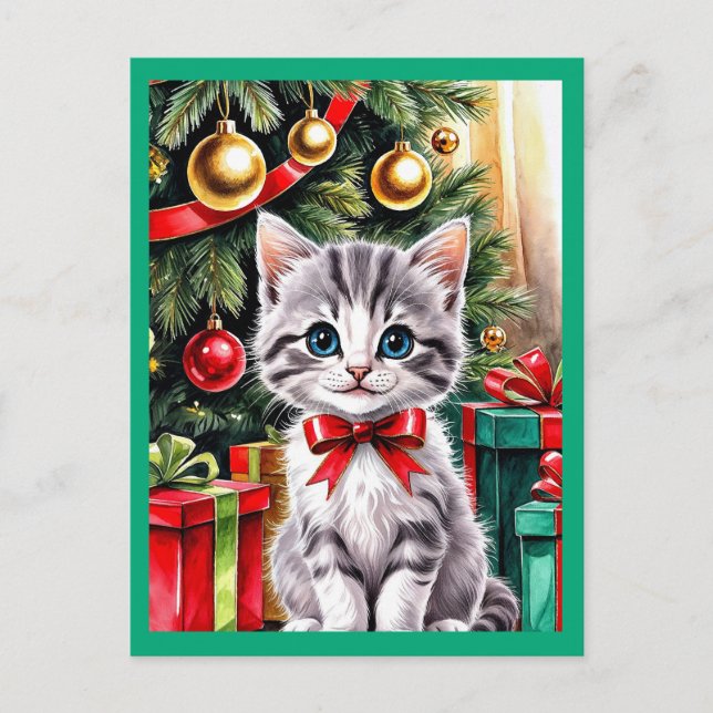 Niedliches Weihnachtskätzchen Feiertagspostkarte (Vorderseite)