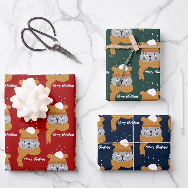 Niedliches Weihnachtskatzenmuster Geschenkpapier Set (Vorderseite)