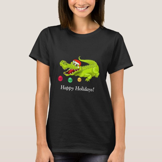 Niedliches Weihnachtskrokodil. Green Golden & Red  T-Shirt (Vorderseite)
