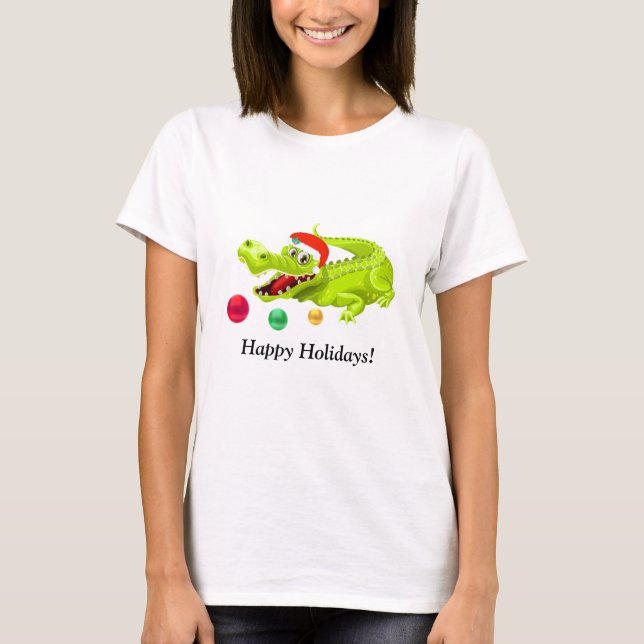 Niedliches Weihnachtskrokodil. Green Golden & Red  T-Shirt (Vorderseite)