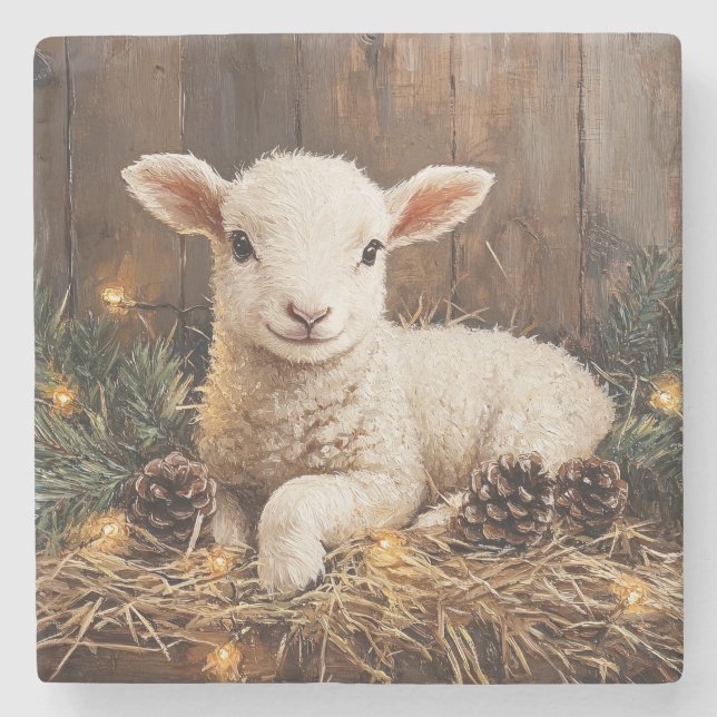 Niedliches Weihnachtslamm Rustikale Malerei Steinuntersetzer (Vorderseite)