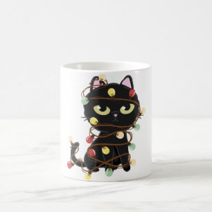 Niedliches Weihnachtslicht Schwarze Katze Kaffeetasse