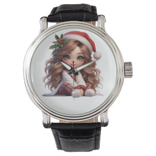 Niedliches Weihnachtsmädchen mit Weihnachtsmannmüt Armbanduhr