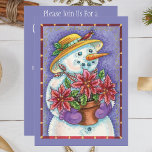 Niedliches Weihnachtsmädchen Snowman mit Poinsetti Einladung<br><div class="desc">Vintage Illustration Frohe Weihnachtsfeiergestaltung mit einer bezaubernden,  glücklichen Schneeschön im Winter. Der Schneemann lächelt und hält eine poinsettia Blume Pflanze und trägt einen Hut mit Heiligen und einem Vogel,  der auf der Brücke sitzt. Fun Design für einen Floristen!</div>